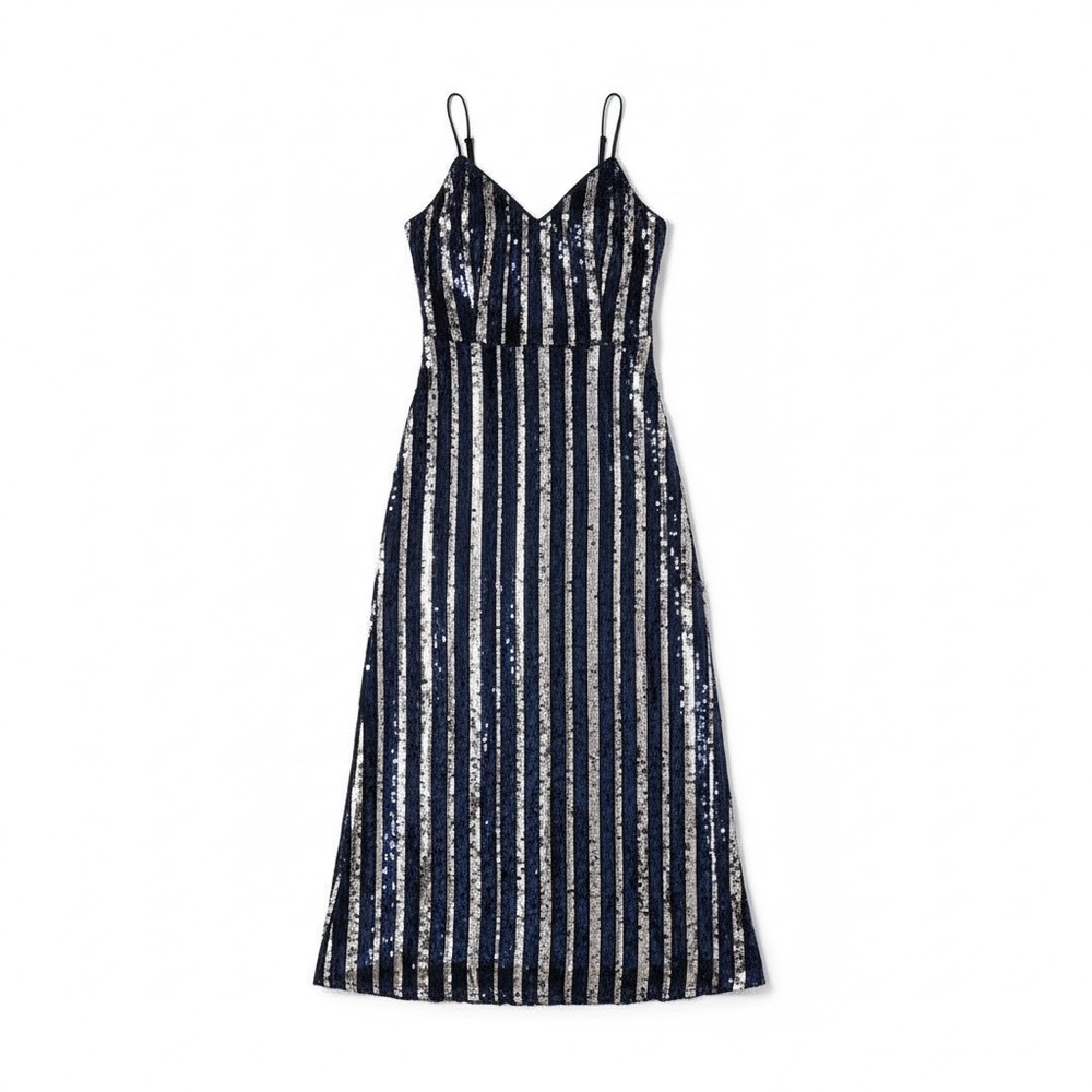 Maeve Navy and Silver Sequin Stripe Midi Dress
